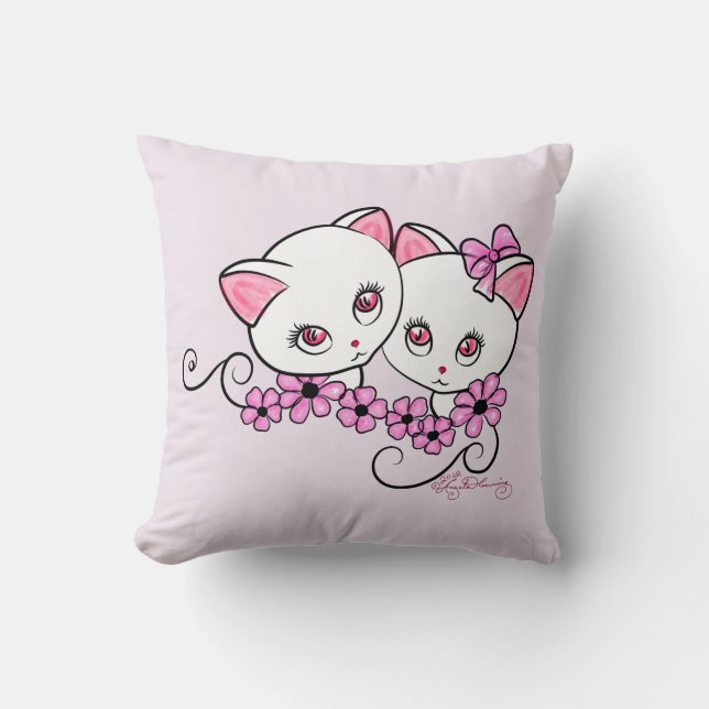 Two cute Kittens with Daisies Pink Throw Pillow (Front)