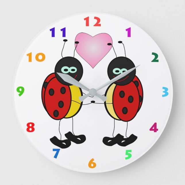 TWO CUTE LADYBIRDS AND PINK HEART FOR KIDS LARGE CLOCK (Front)