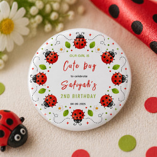 Two Cute Ladybug 2nd Birthday Party for Kids Button