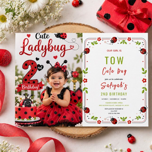 Two Cute Ladybug 2nd Birthday Party for Kids  Invitation (Two Cute Ladybug 2nd Birthday Party for Kids Invitation
)