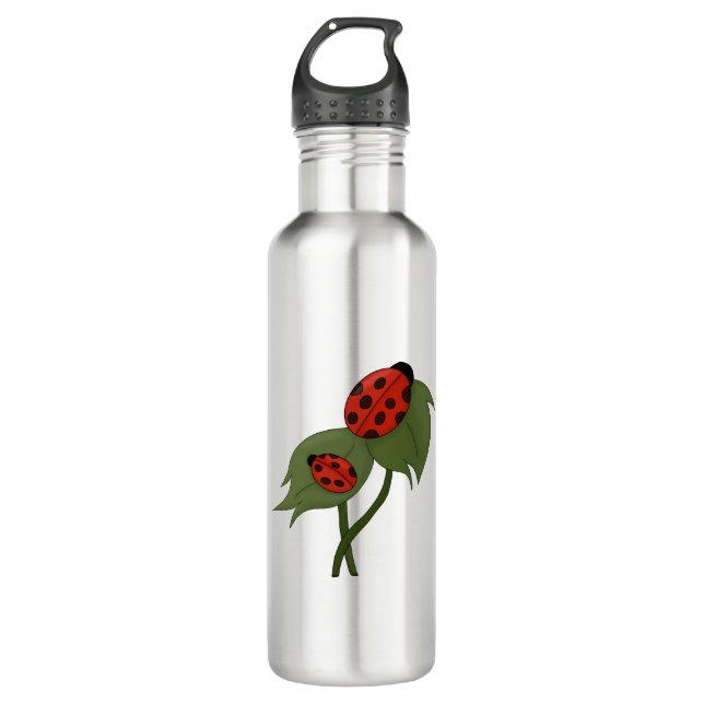 Two cute ladybugs on a plant stainless steel water bottle (Front)
