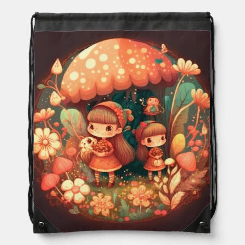 Two cute little girls elves  drawstring bag
