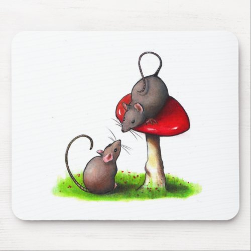 Two Cute Little Mice and a Toadstool Artwork Mouse Pad