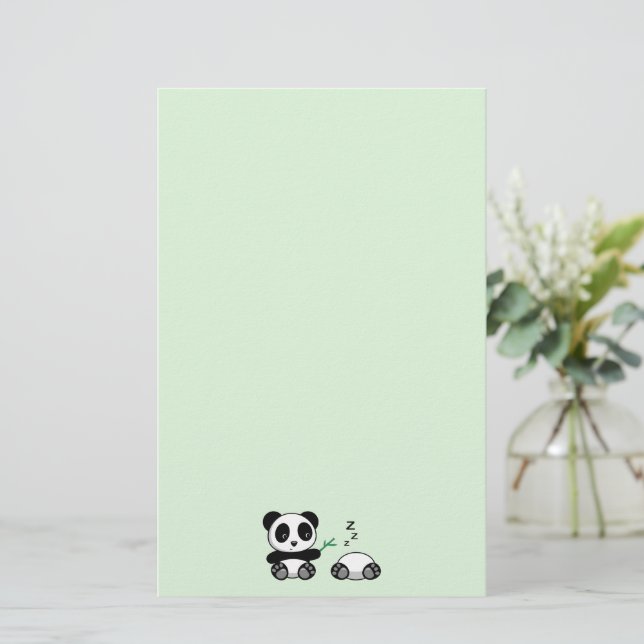 Two Cute Little Pandas on Green Stationery (Standing Front)