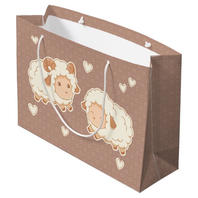 Two Cute Little Sheep Pattern on Brown Large Gift Bag (Back Angled)