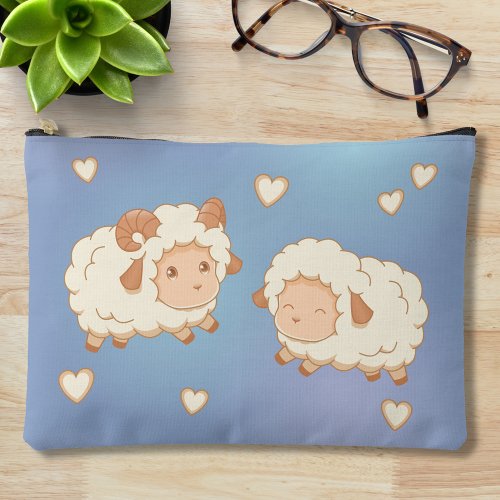 Two Cute Little Sheep Ram Ewe on Blue Accessory Pouch