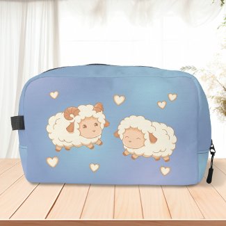 Two Cute Little Sheep Ram Ewe on Blue