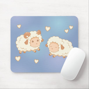 Two Cute Little Sheep Ram Ewe on Blue Mouse Pad