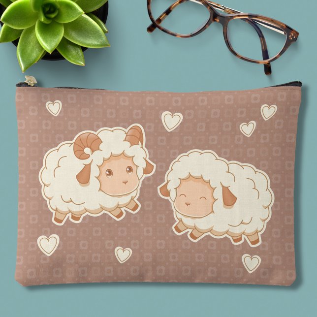 Two Cute Little Sheep Ram Ewe on Brown Accessory Pouch (Creator Uploaded)