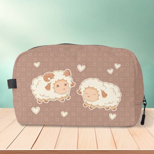 Two Cute Little Sheep Ram Ewe on Brown Dopp Kit