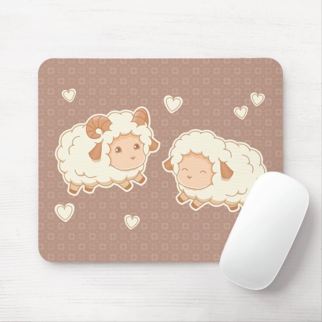 Two Cute Little Sheep Ram Ewe on Brown Mouse Pad (With Mouse)