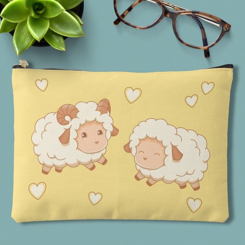 Two Cute Little Sheep Ram Ewe on Yellow Accessory Pouch