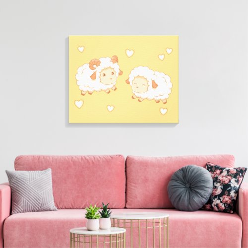 Two Cute Little Sheep Ram Ewe on Yellow Canvas Print