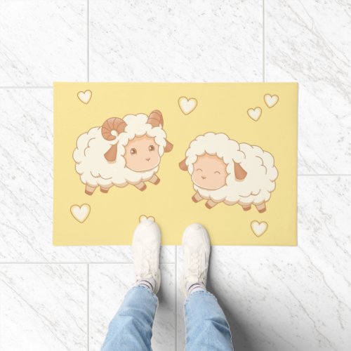 Two Cute Little Sheep Ram Ewe on Yellow Doormat