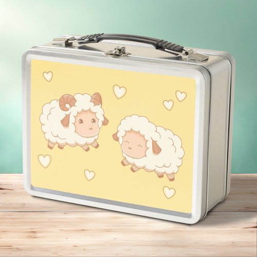 Two Cute Little Sheep Ram Ewe on Yellow Metal Lunch Box