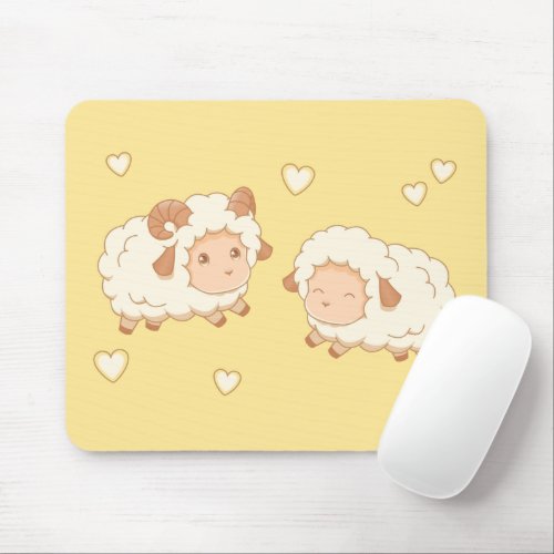 Two Cute Little Sheep Ram Ewe on Yellow Mouse Pad
