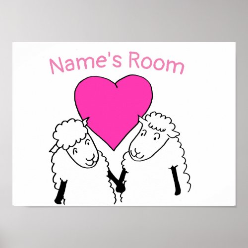 Two Cute Little Sheep with Pink Heart Poster