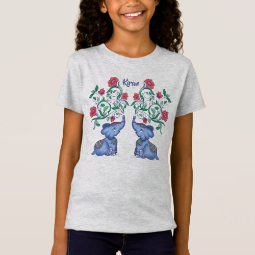 Two cute lucky elephants with red henna flowers T_Shirt