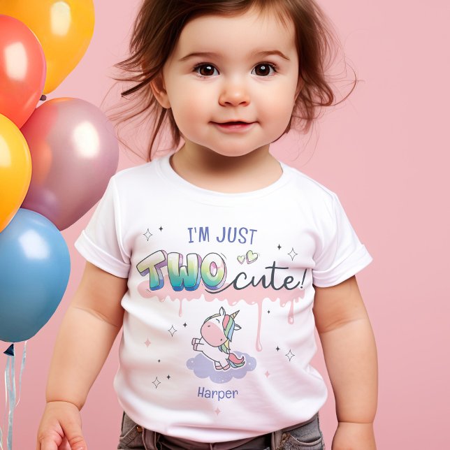 TWO Cute Magical Unicorn Custom Name 2nd Birthday Baby T-Shirt (I'm Just TWO cute! Kawaii cartoon retro graffiti unicorn theme 2nd birthday party t-shirt for girl)