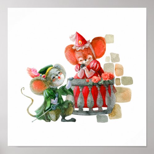 Two Cute Mice In Love On Balcony Poster