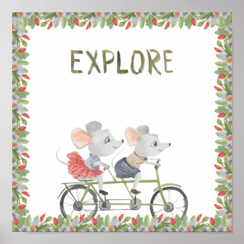 Two Cute Mice On A Bike Explore Text Poster