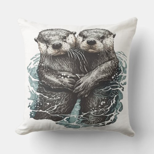 two cute otters in the water throw pillow