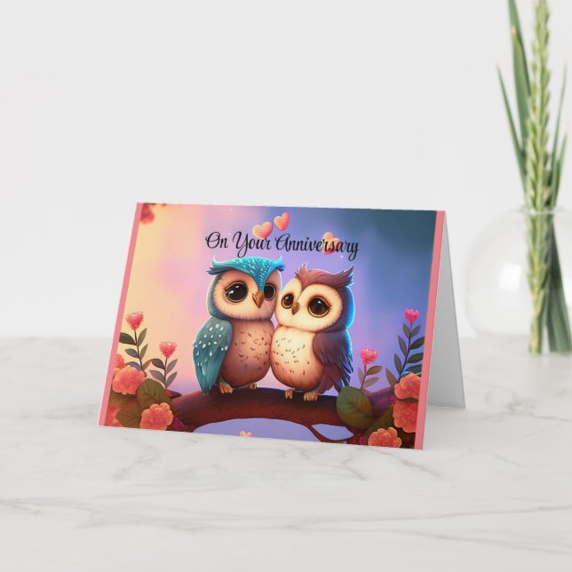 Two Cute Owls Anniversary Greeting Card (Front)