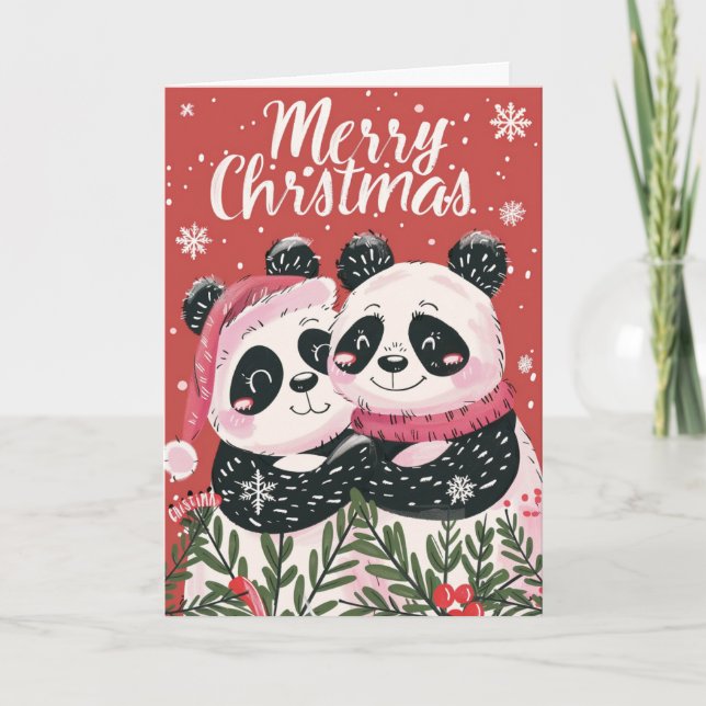 Two cute Panda Merry Christmas Personalized Holiday Card (Front)