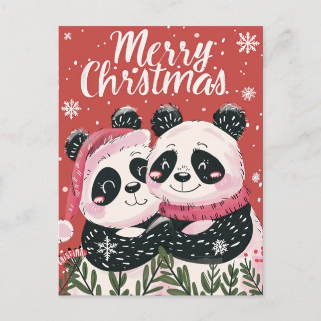 Two cute Panda Merry Christmas  Postcard (Front)