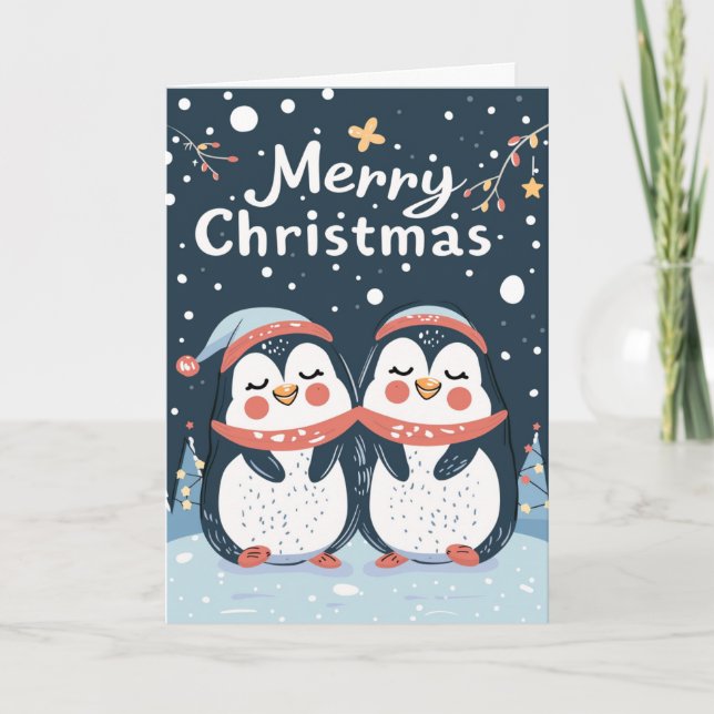 Two cute penguins Merry Christmas Personalized Holiday Card (Front)