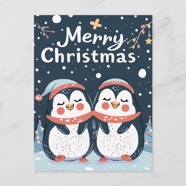 Two cute penguins Merry Christmas Postcard (Front)