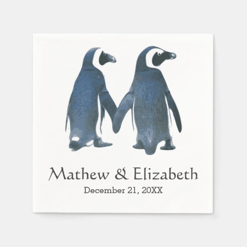 Two Cute Penguins  Romantic Wedding Paper Napkins