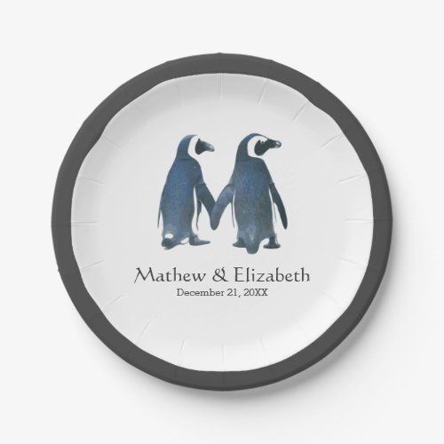 Two Cute Penguins  Romantic Wedding Paper Plates