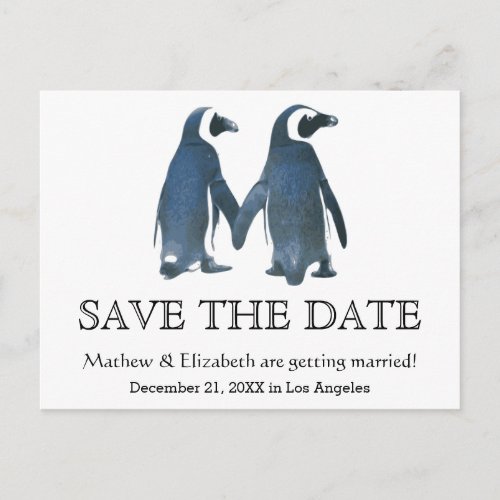Two Cute Penguins  Romantic Wedding Save The Date Announcement Postcard