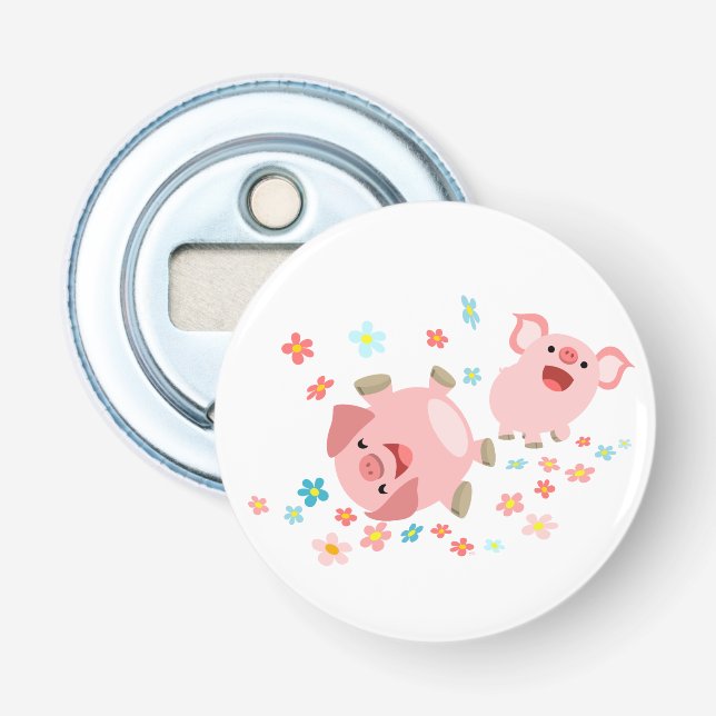 Two Cute Pigs in Spring Button Bottle Opener (Front)