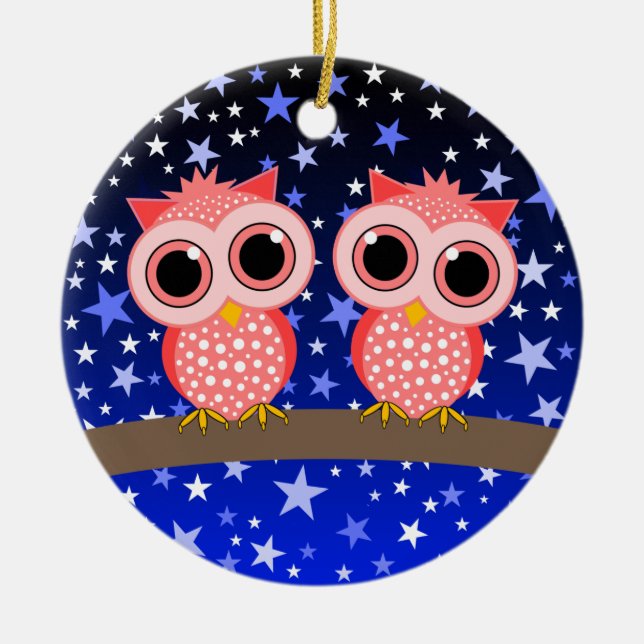 two cute pink owls ceramic ornament (Front)