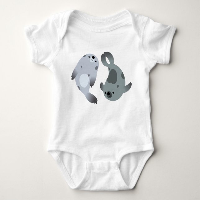 Two Cute Playful Cartoon Harp Seals Baby Bodysuit (Front)