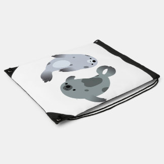 Two Cute Playful Cartoon Harp Seals Drawstring Bag