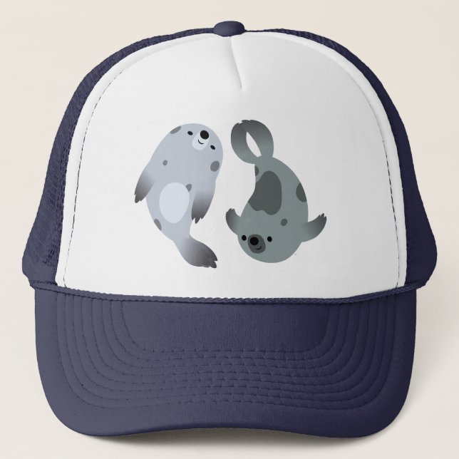 Two Cute Playful Cartoon Harp Seals Hat (Front)