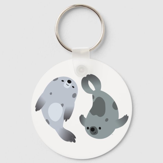 Two Cute Playful Cartoon Harp Seals Keychain (Front)
