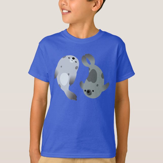 Two Cute Playful Cartoon Harp Seals Kids T-Shirt (Front)