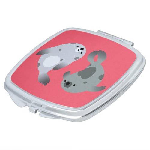 Two Cute Playful Cartoon Harp Seals Pocket Mirror