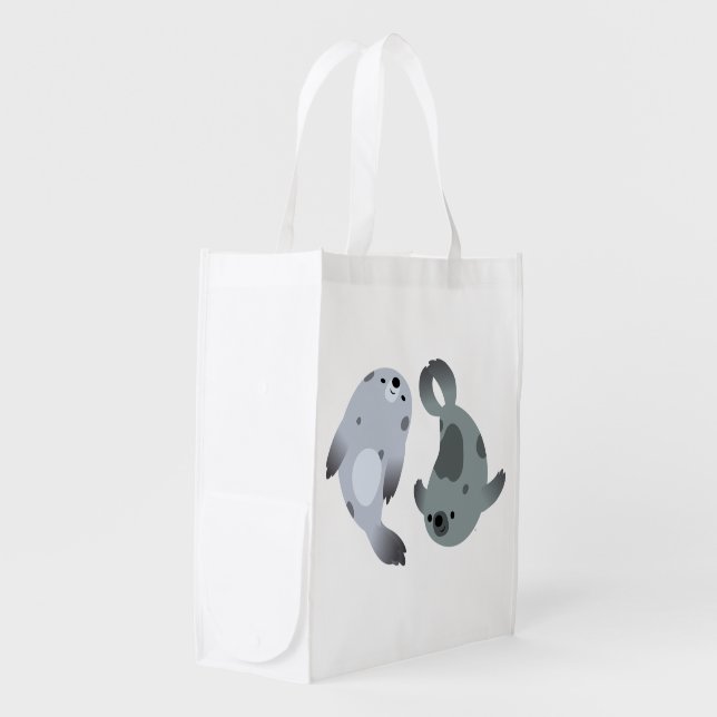 Two Cute Playful Cartoon Harp Seals Reusable Bag (Front Side)