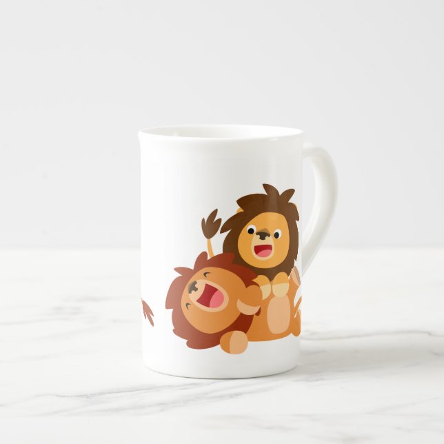 Two Cute Playful Cartoon Lions Bone China Mug (Front Right)