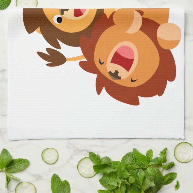 Two Cute Playful Cartoon Lions Kitchen Towel (Folded)