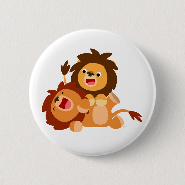Two Cute Playful Cartoon Lions Pinback Button (Front)