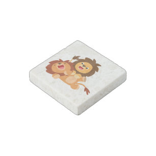 Two Cute Playful Cartoon Lions Stone Magnet