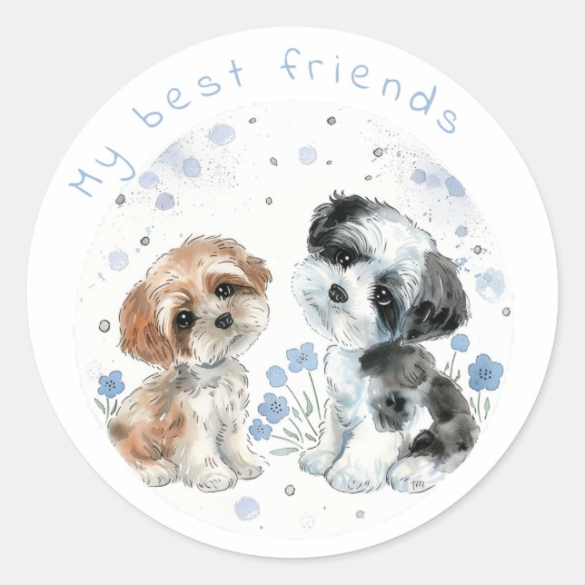 Two cute puppies, personalized classic round sticker (Front)