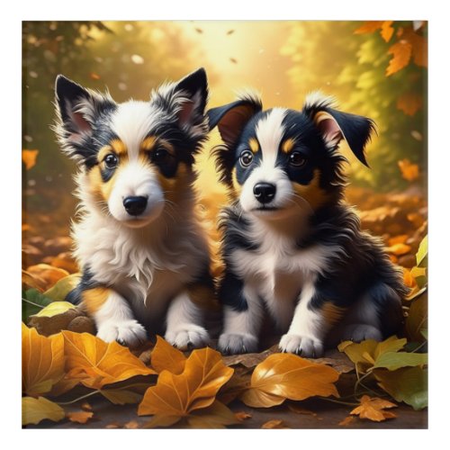 Two Cute Puppies Playing in Fall Leaves Acrylic Print