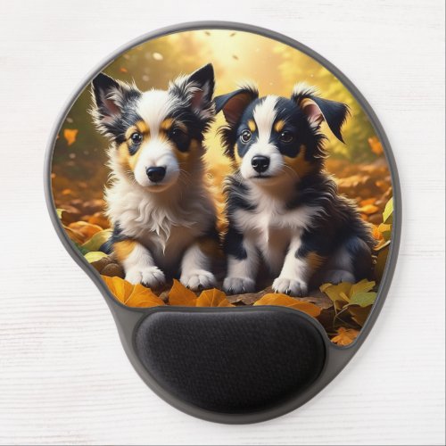 Two Cute Puppies Playing in Fall Leaves Gel Mouse Pad
